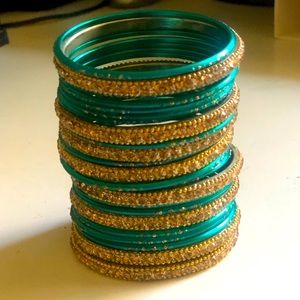 Brand New - set of 24 bangles - gold & turqoise